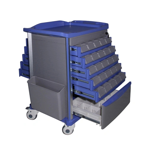 Double Side Medicine Trolley with Drawers,Boxes,Garbage Bin